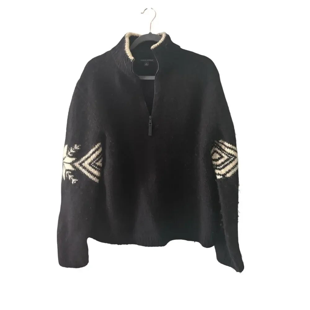 Banana Republic 100% Wool Nordic Snowflake Quarter Zip Sweater Medium Black